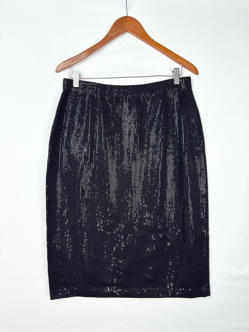 Vintage St John Couture Skirt Black Sequin Size 12 USA Midi Knit Elegant